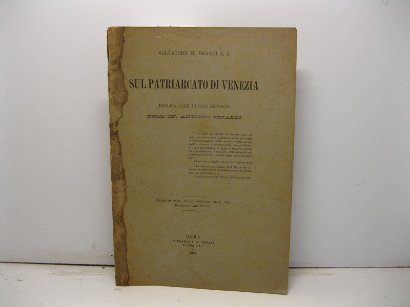 Sul patriarcato di Venezia. Replica alle 'Ultime risposte' dell'On. Antonio Rinaldi